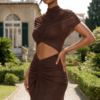 Draped Brown Mesh Cut Out A Line Maxi Dress