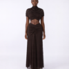 Draped Brown Mesh Cut Out A Line Maxi Dress 5