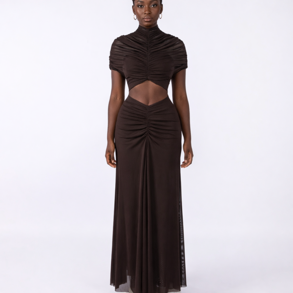 Draped Brown Mesh Cut Out A Line Maxi Dress 5
