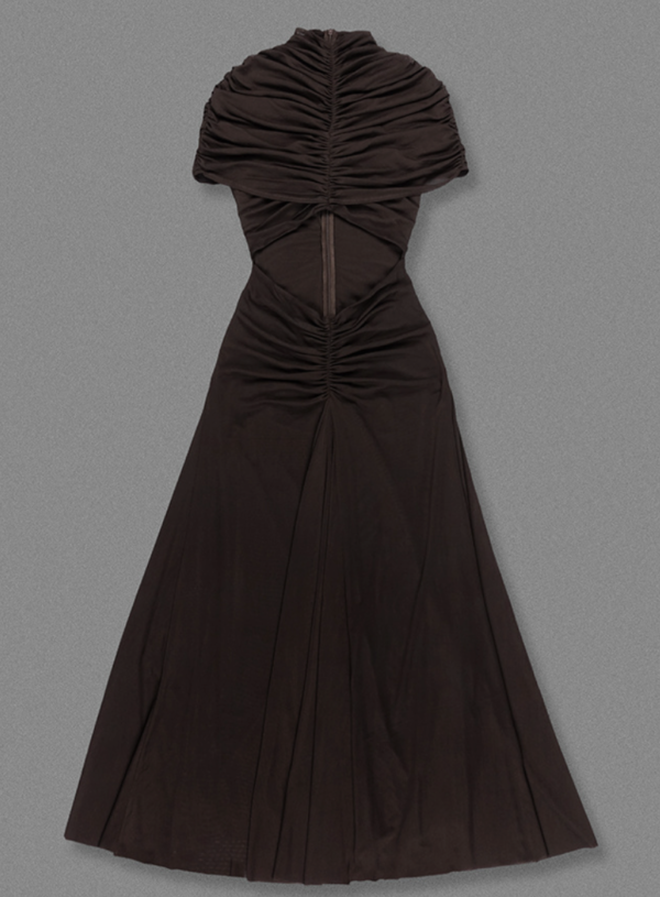 Draped Brown Mesh Cut Out A Line Maxi Dress 5