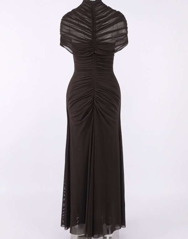 Draped Brown Mesh Cut Out A Line Maxi Dress 5