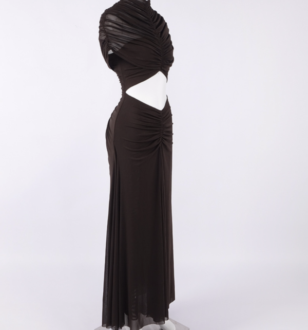 Draped Brown Mesh Cut Out A Line Maxi Dress 5