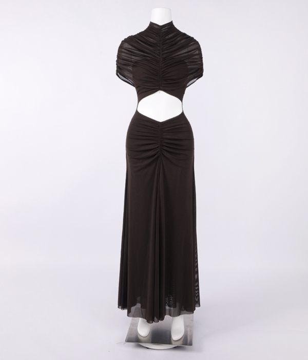 Draped Brown Mesh Cut Out A Line Maxi Dress 5