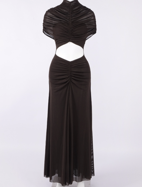 Draped Brown Mesh Cut Out A Line Maxi Dress 5