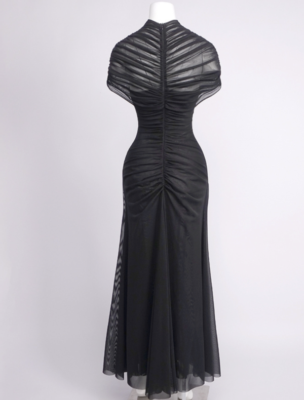 Draped Brown Mesh Cut Out A Line Maxi Dress 5