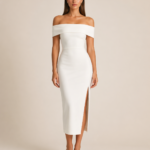 White Off-Shoulder Midi Dress with Side Slit for Women