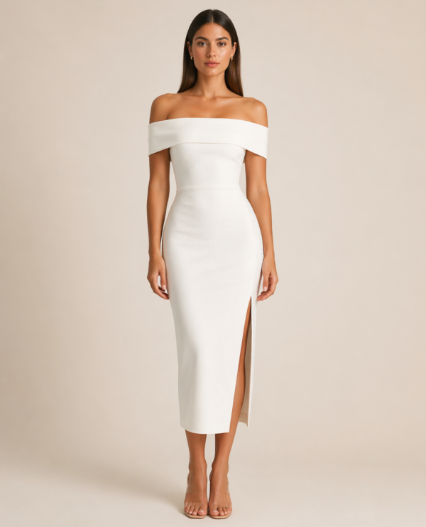 White Off-Shoulder Midi Dress with Side Slit for Women