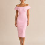 Pink Off-Shoulder Scallop Neck Bodycon Midi Dress for Women