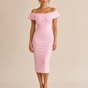 Pink Off-Shoulder Scallop Neck Bodycon Midi Dress for Women