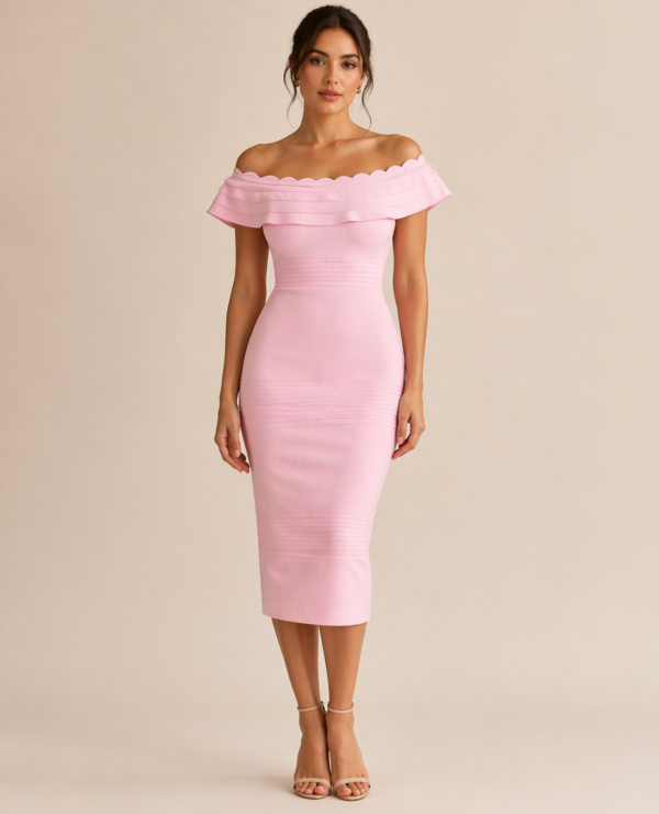 Pink Off-Shoulder Scallop Neck Bodycon Midi Dress for Women