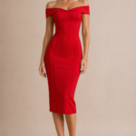 Red Off-Shoulder Bodycon Midi Dress for Women