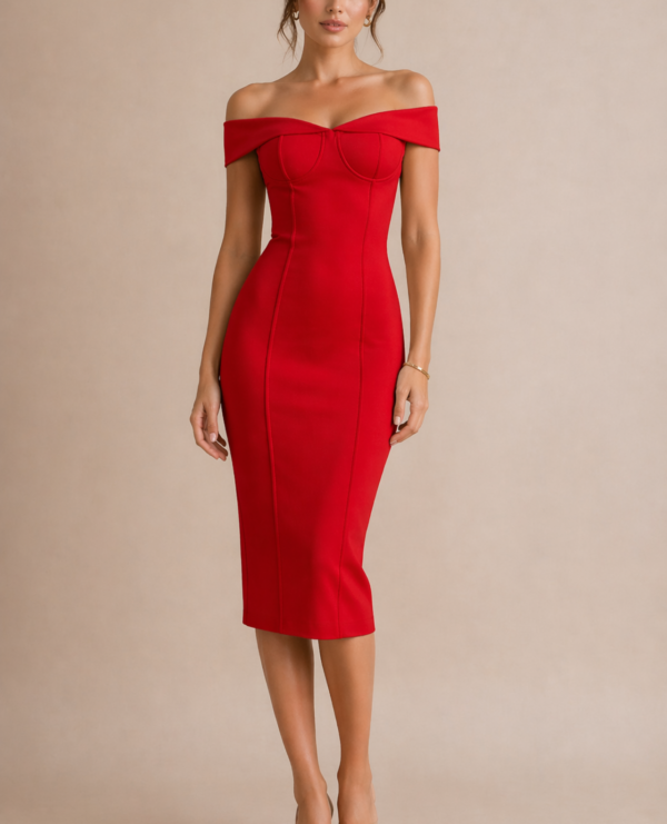 Red Off-Shoulder Bodycon Midi Dress for Women