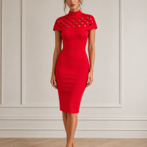 Red High Neck Cutout Bodycon Midi Dress