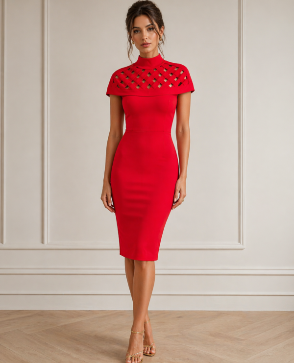 Red High Neck Cutout Bodycon Midi Dress