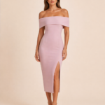 Blush Pink Off-Shoulder Midi Dress with Side Slit