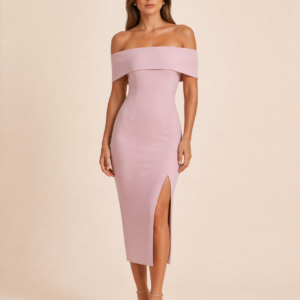 Blush Pink Off-Shoulder Midi Dress with Side Slit
