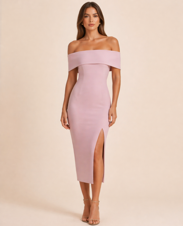 Blush Pink Off-Shoulder Midi Dress with Side Slit