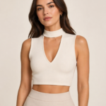 White Sleeveless Choker Neck Crop Top