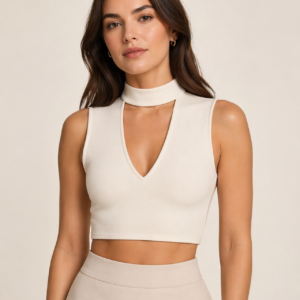 White Sleeveless Choker Neck Crop Top