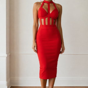 Red Halter Cut-Out Bodycon Midi Dress
