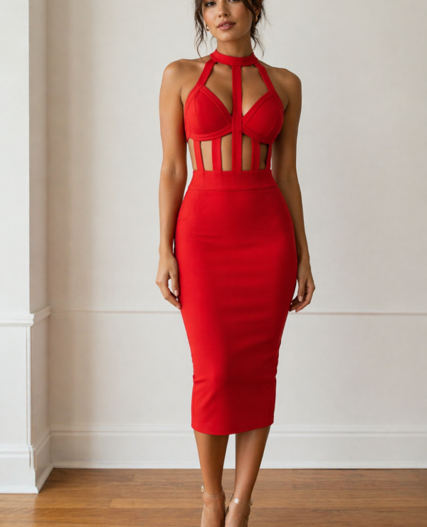 Red Halter Cut-Out Bodycon Midi Dress