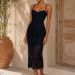 Black Lace Spaghetti Strap Bodycon Midi Dress -X-Small