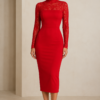 Red Lace Long Sleeve Midi Dress – High Neck Elegant Bodycon