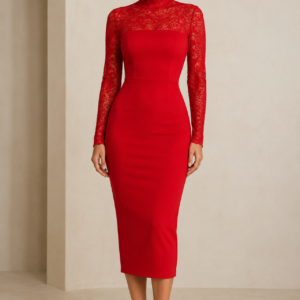 Red Lace Long Sleeve Midi Dress – High Neck Elegant Bodycon