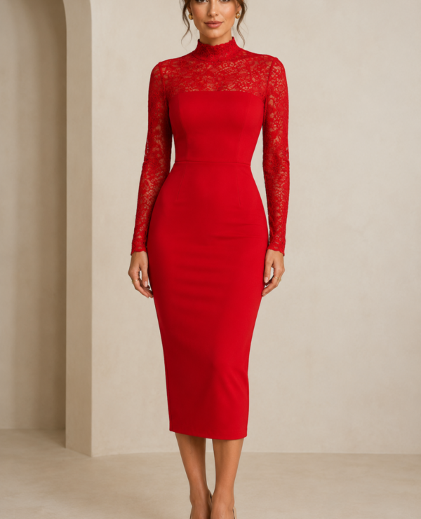 Red Lace Long Sleeve Midi Dress – High Neck Elegant Bodycon
