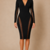 Black Sheer Panel Bodycon Midi Dress – Deep V Neck & Long Sleeve