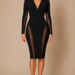 Black Sheer Panel Bodycon Midi Dress – Deep V Neck & Long Sleeve
