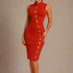 Orange Rust High Neck Bodycon Midi Dress with Cut-Out Detail