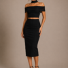 Black Off-Shoulder Two-Piece Midi Dress with Choker Neck