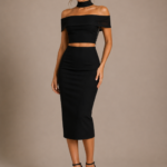 Black Off-Shoulder Two-Piece Midi Dress with Choker Neck