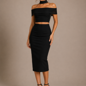 Black Off-Shoulder Two-Piece Midi Dress with Choker Neck