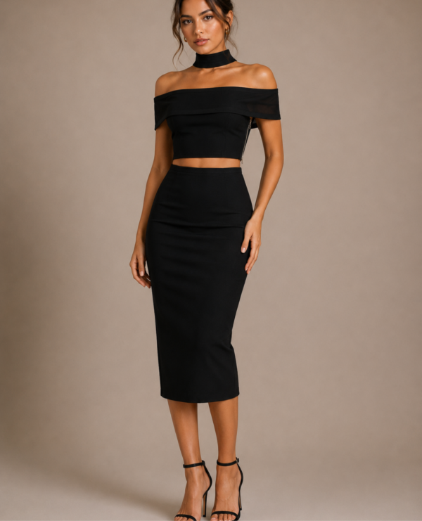 Black Off-Shoulder Two-Piece Midi Dress with Choker Neck