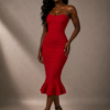 Red Strapless Mermaid Midi Dress - Large