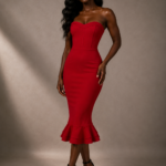 Red Strapless Mermaid Midi Dress - Large