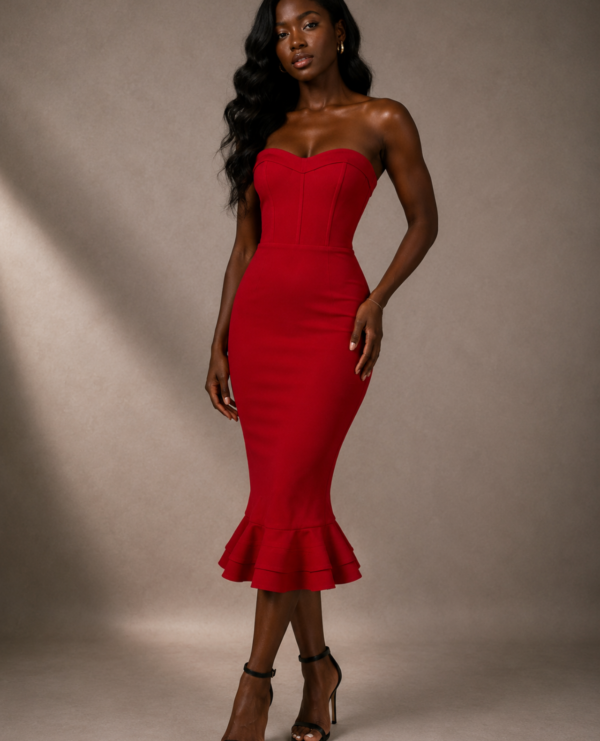 Red Strapless Mermaid Midi Dress - Large