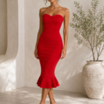 Silhouette Red Strapless Mermaid Midi Dress - Small