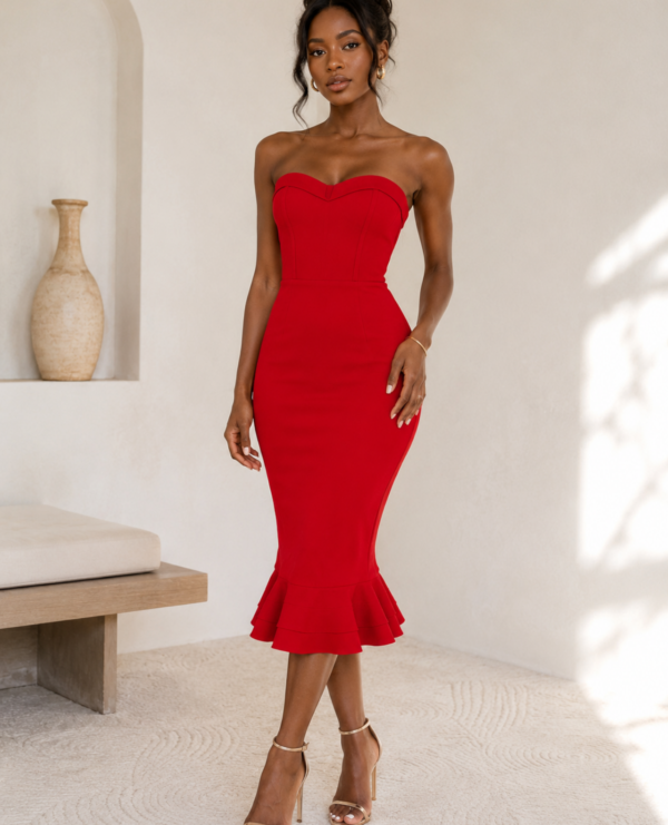 Elegant Red Strapless Mermaid Midi Dress - Medium