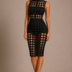 Black Grid Cut-Out High Neck Bodycon Midi Statement Dress