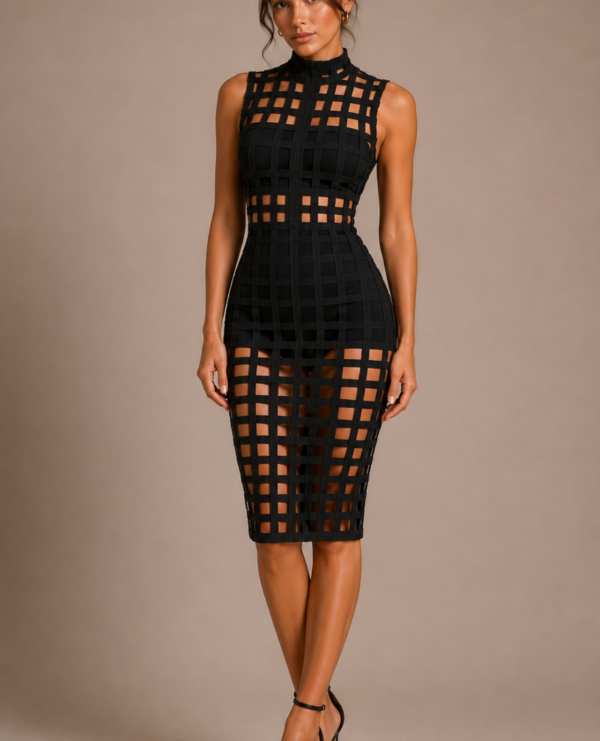 Black Grid Cut-Out High Neck Bodycon Midi Statement Dress