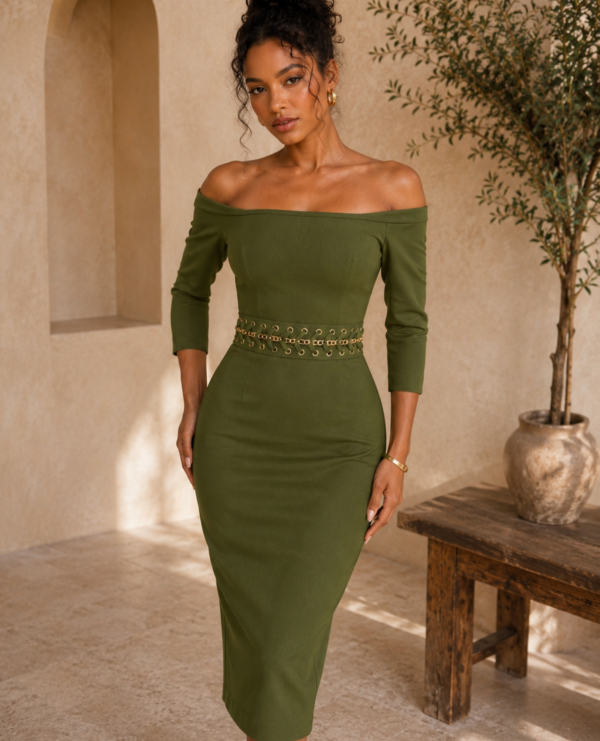 Olive Green Off-Shoulder Midi Dress with Chain Waist Detail