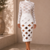 White Mesh Long Sleeve Bodycon Midi Dress with Cut-Out Skirt Detail