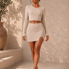 Beige Long Sleeve Two-Piece Set – Crop Top & Mini Skirt Outfit
