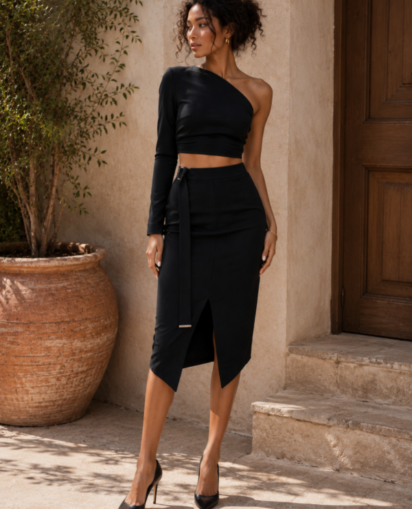 Black High Waist Wrap Midi Skirt with Front Slit & Belt Detail