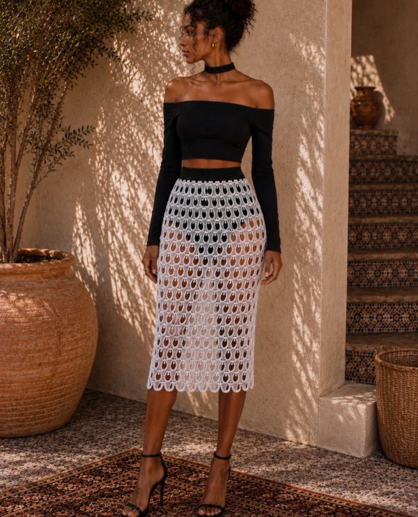Black Off-Shoulder Crop Top & White Lace Midi Skirt Set